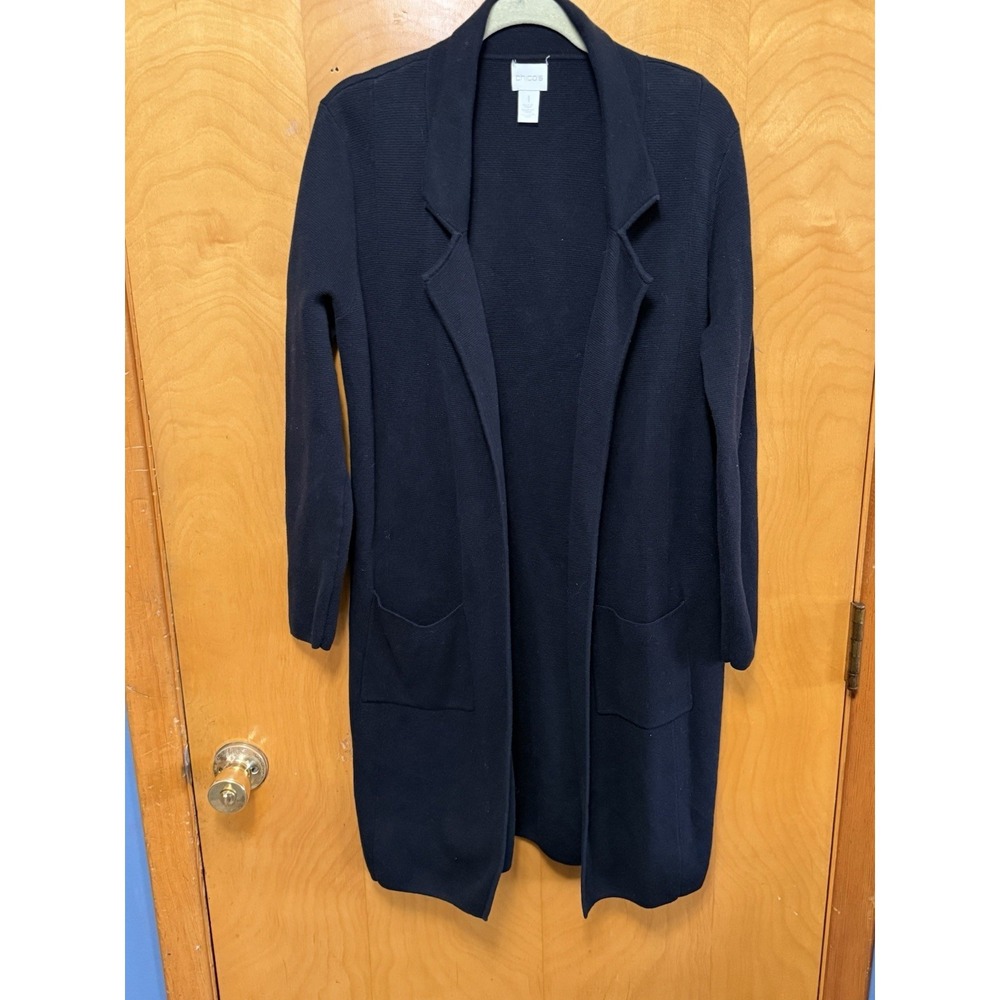 Chico's Longline Collared MABEL Open Knit‎ Sweater Duster w/ Pockets Black 1/M